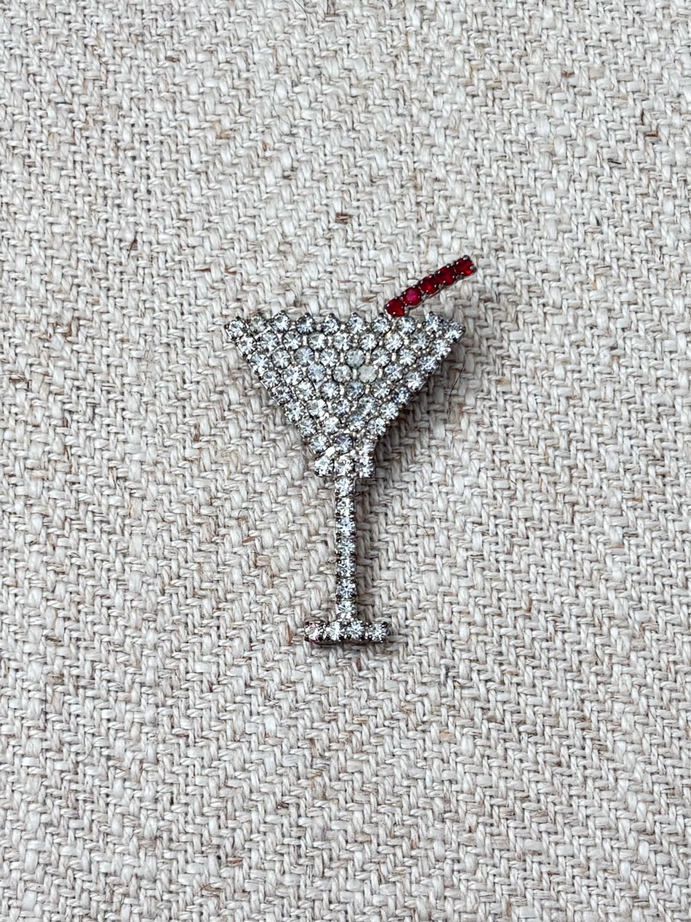 Vintage Crystal Martini Glass Brooch with Red Accent Stirrer